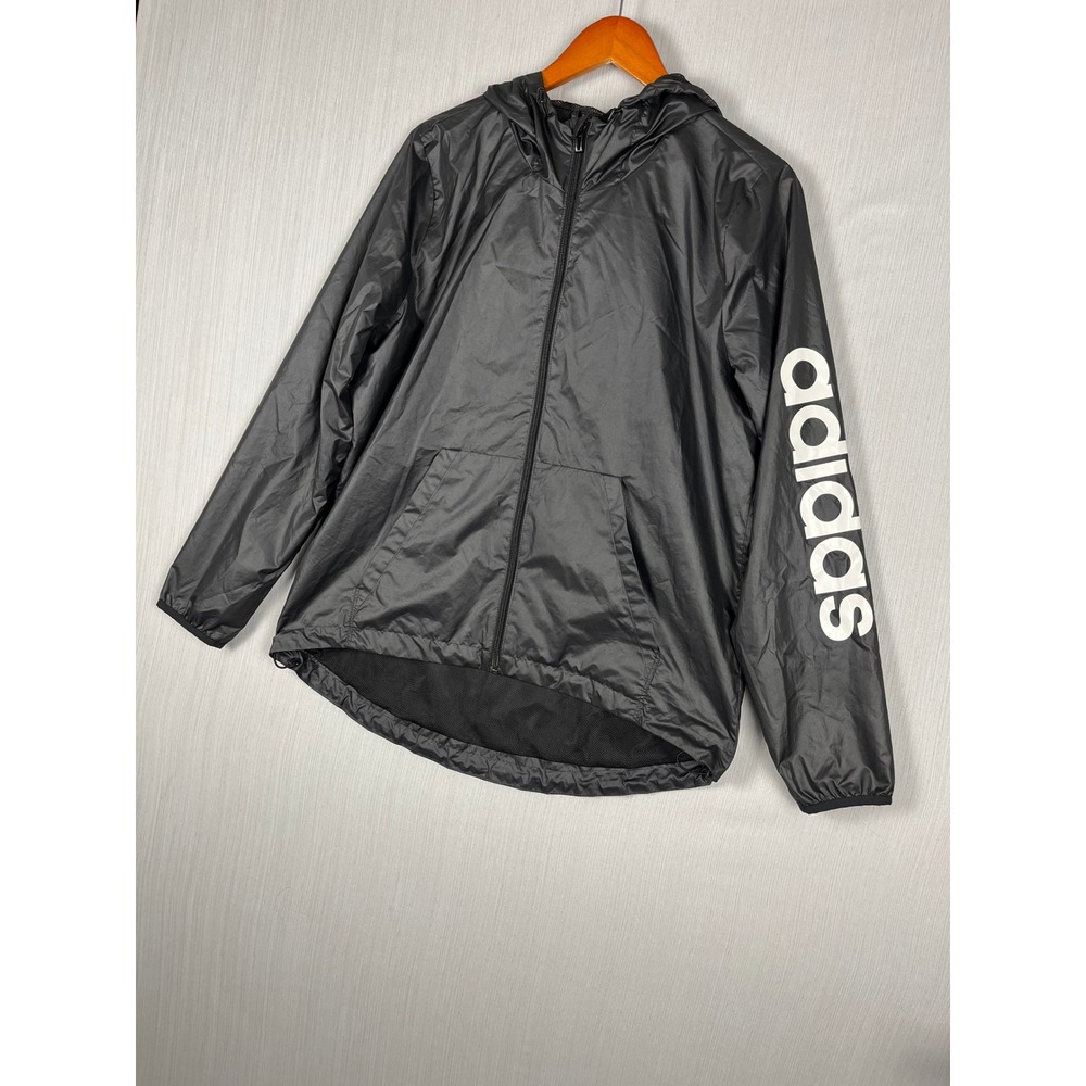 Adidas Windbreaker Womens L Black Full Zip Hooded Lined Spellout Logo Gorpcore